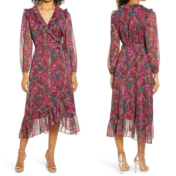 Adelyn Rae CARLEIGH FLORAL CHIFFON LONG SLEEVE WRAP DRESS IN MAGENTA BLOOM S - Picture 1 of 9